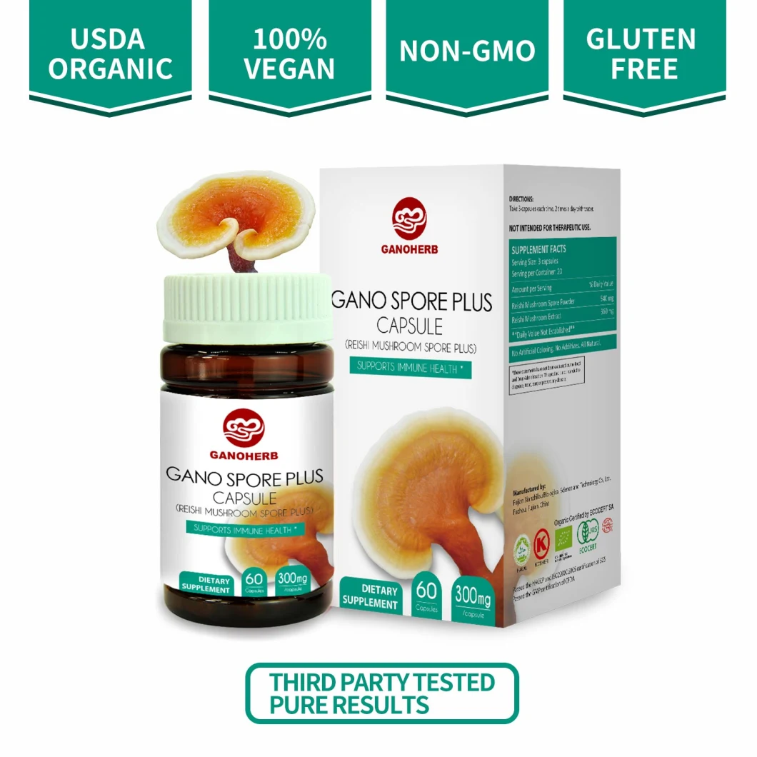 Ganoherb Organic Reishi Mushroom Spore Capsules with 100% Ganoderma Lucidum Spore Powder for Boost Immune System Vegan All Natural Non-GMO & Gluten Free 60 Vegg